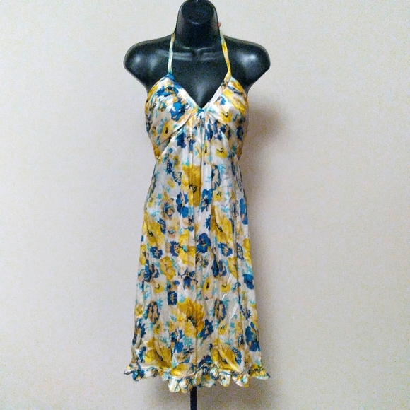 Betsey Johnson Dresses & Skirts - VINTAGE BETSEY JOHNSON Yellow, Blue, White Floral Silk Halter Style Dress, sz 8